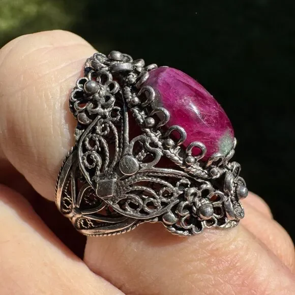 Vintage Sterling Silver Filigree Ring Size 8.5 DGS 925 Turkey Ruby Zoisite Cab